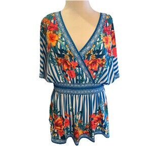 Flying Tomato Tunic Top 1X Boho Beachy Floral Stripe Garden Girl Flouncy Fun EUC